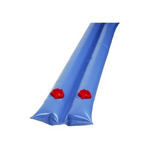 Blue inflatable pool noodles with red floats on a white background