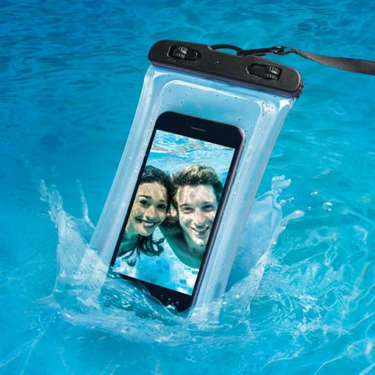 Waterproof phone case with a phone inside, submerged in water.