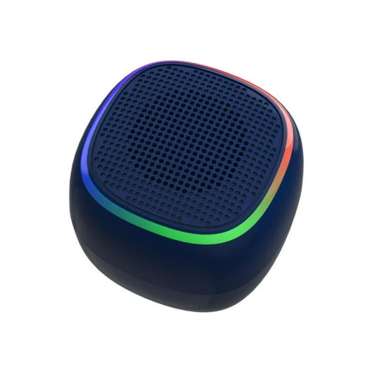 Blue portable speaker with colorful LED rim on a white background